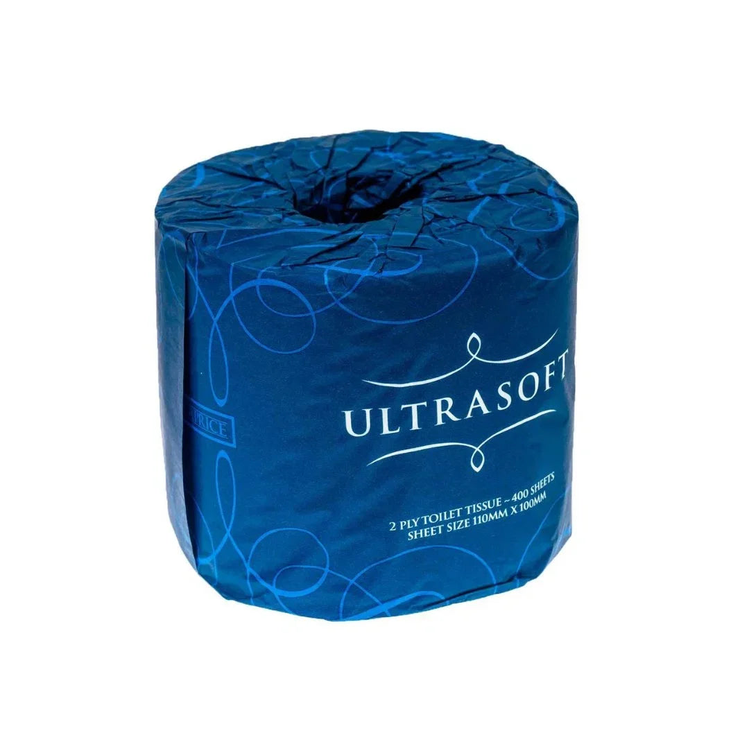 Roll of UltraSoft 2-ply blue wrapped toilet tissue sheets