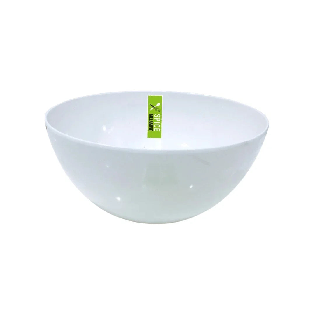 White melamine serving bowl with Spice Melamine branding label