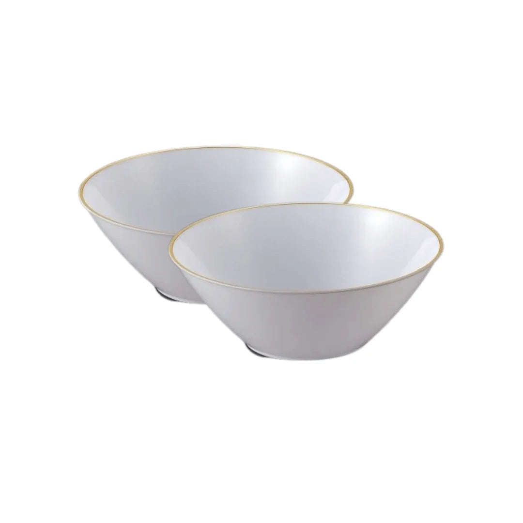 Two white plastic catering bowls with elegant gold rims