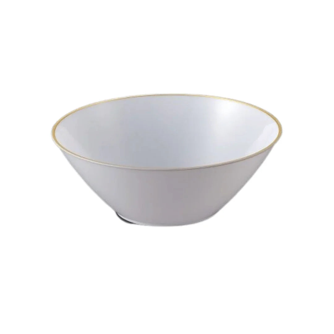 White disposable plastic bowl with a gold rim