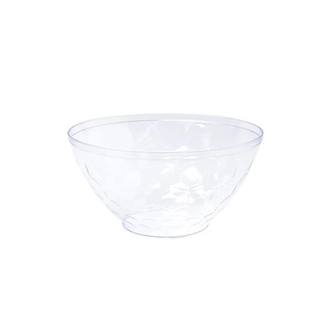 Clear plastic disposable catering bowl with a textured diamond pattern