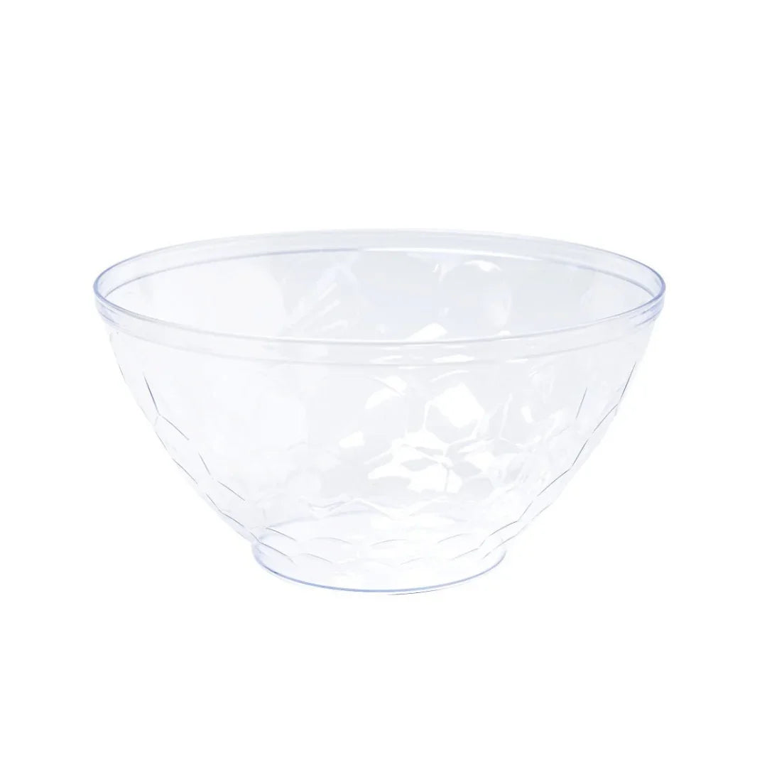 Clear disposable plastic bowl with a textured diamond pattern