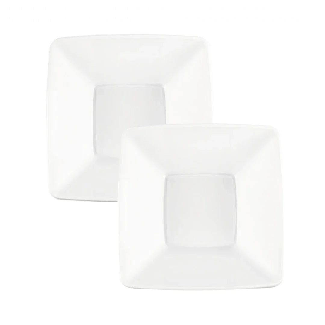 Two square white plastic disposable plates of different sizes