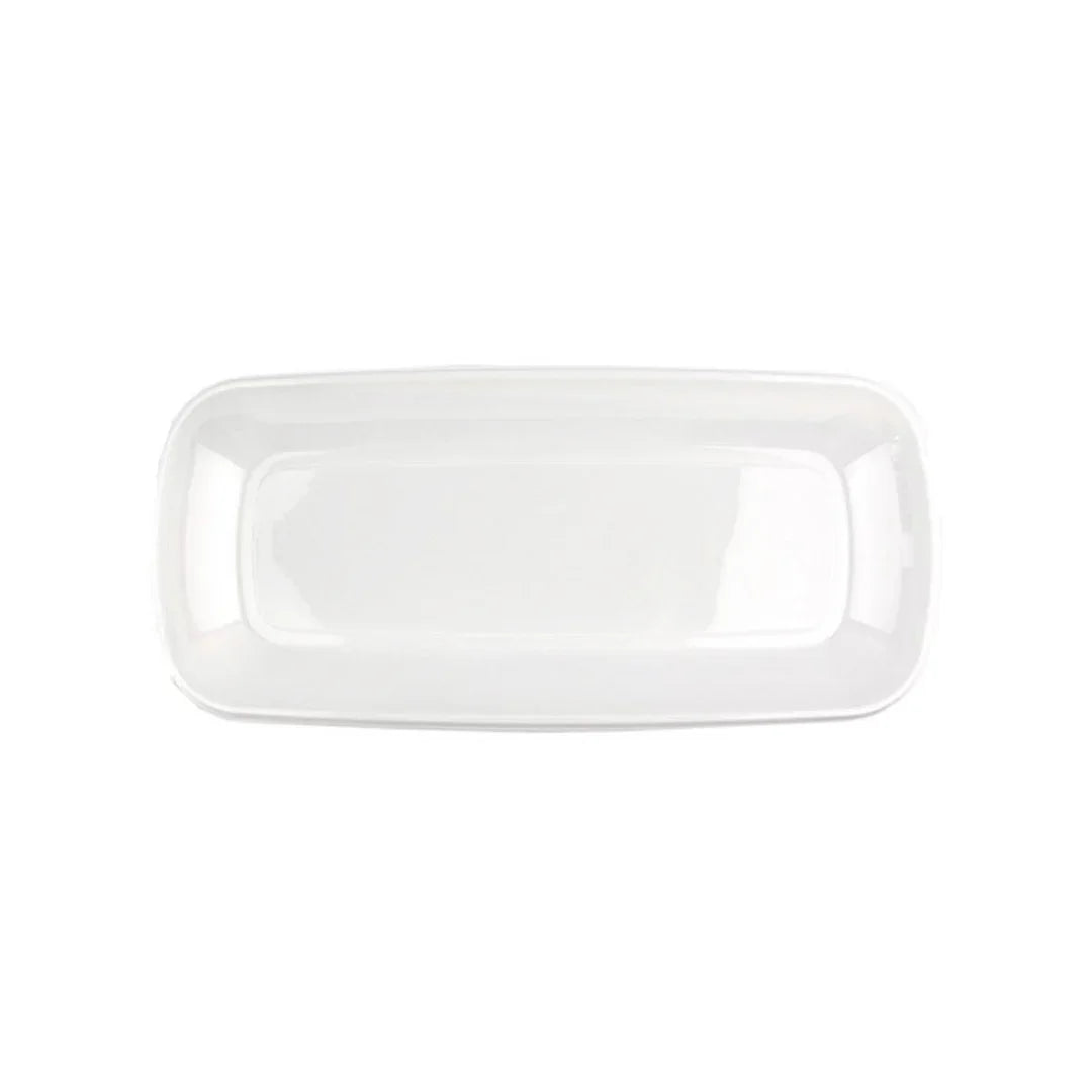 Top view of a rectangular white plastic serving tray