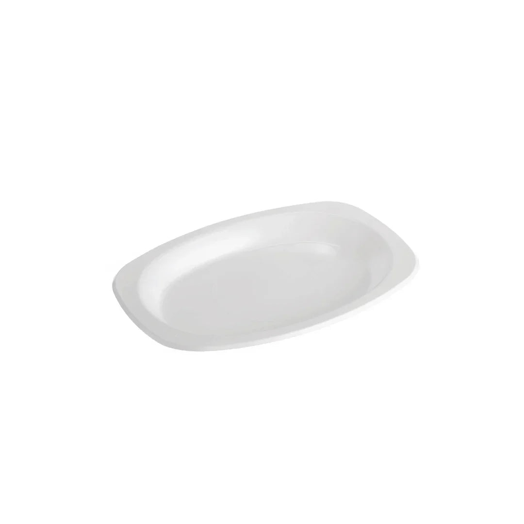 White disposable oval plastic platter for catering and party food service