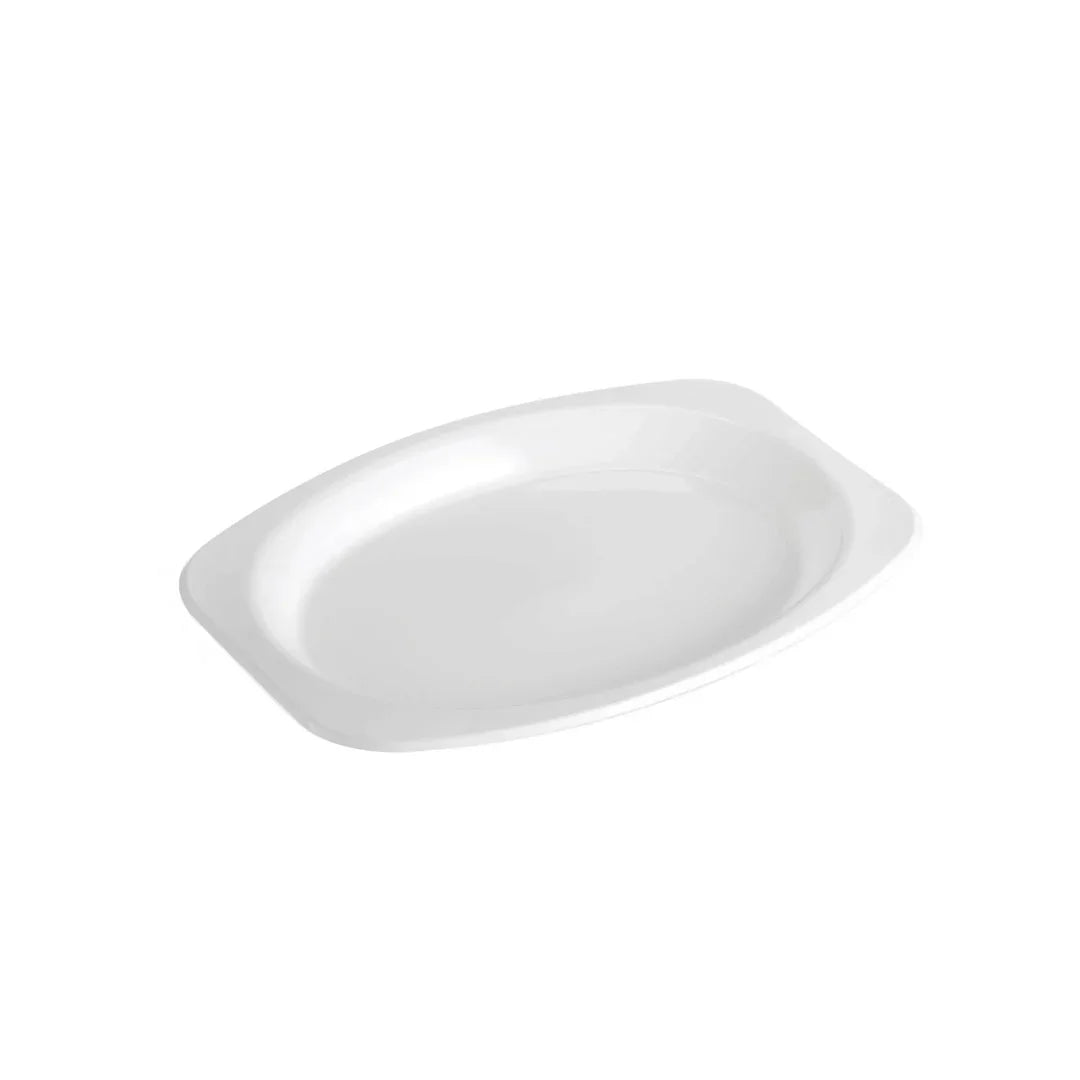White oval disposable plastic platter for catering and party food service