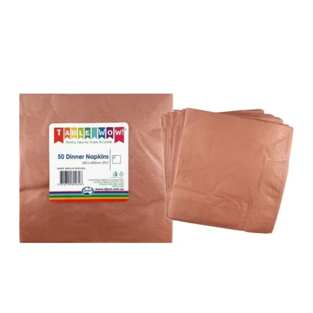 Table Wow 50 pack of metallic rose gold dinner napkins