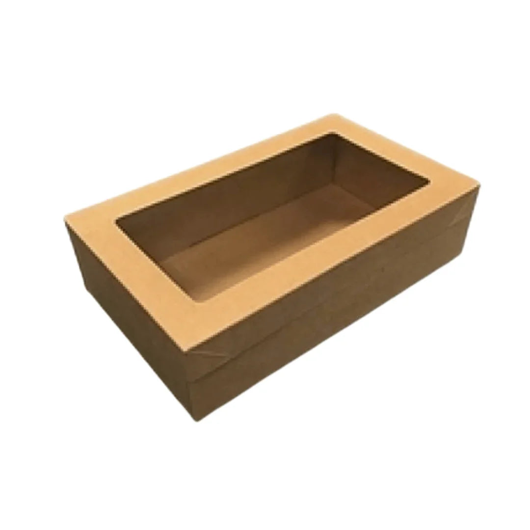 Brown kraft paper packaging box with a rectangular window cutout