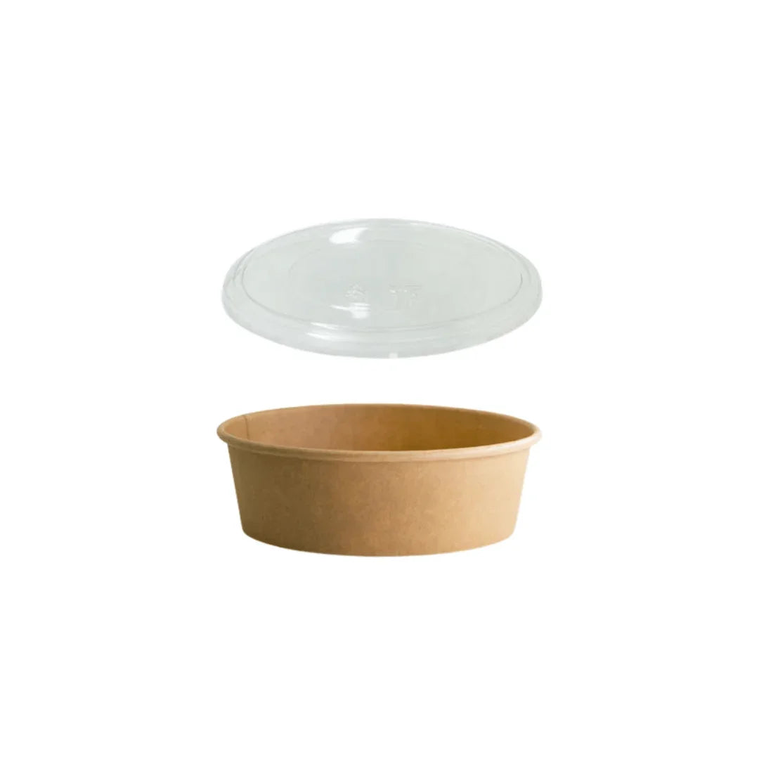 Disposable kraft paper bowl with a clear plastic lid