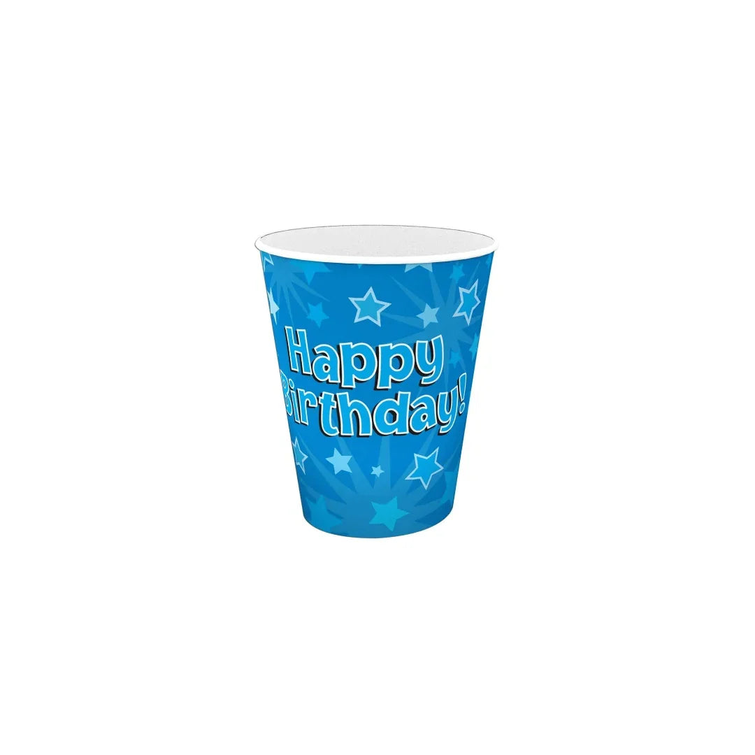 Blue Happy Birthday paper party cup with star patterns
