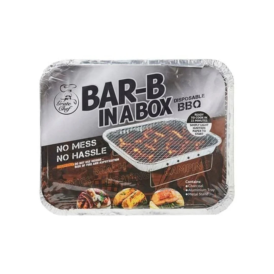 Bar-B-In-A-Box disposable BBQ kit with charcoal, aluminium tray, and metal stand.