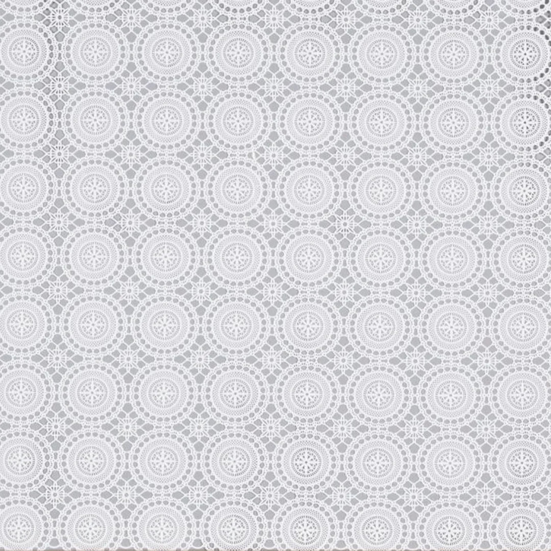 Seamless white lace doily pattern with intricate floral circular designs on a light grey background