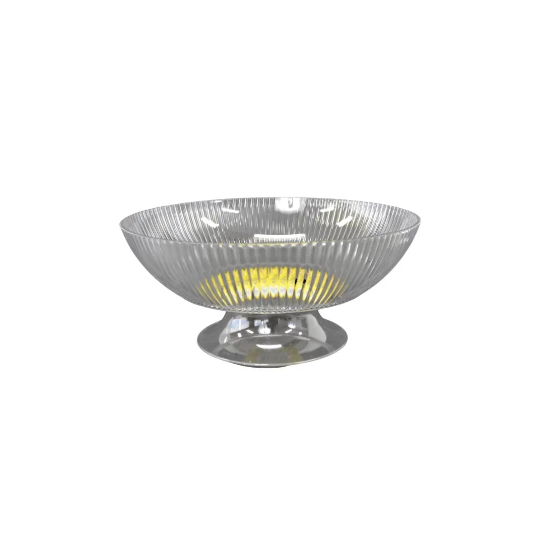 Clear ribbed plastic footed fruit bowl with a reflective silver base