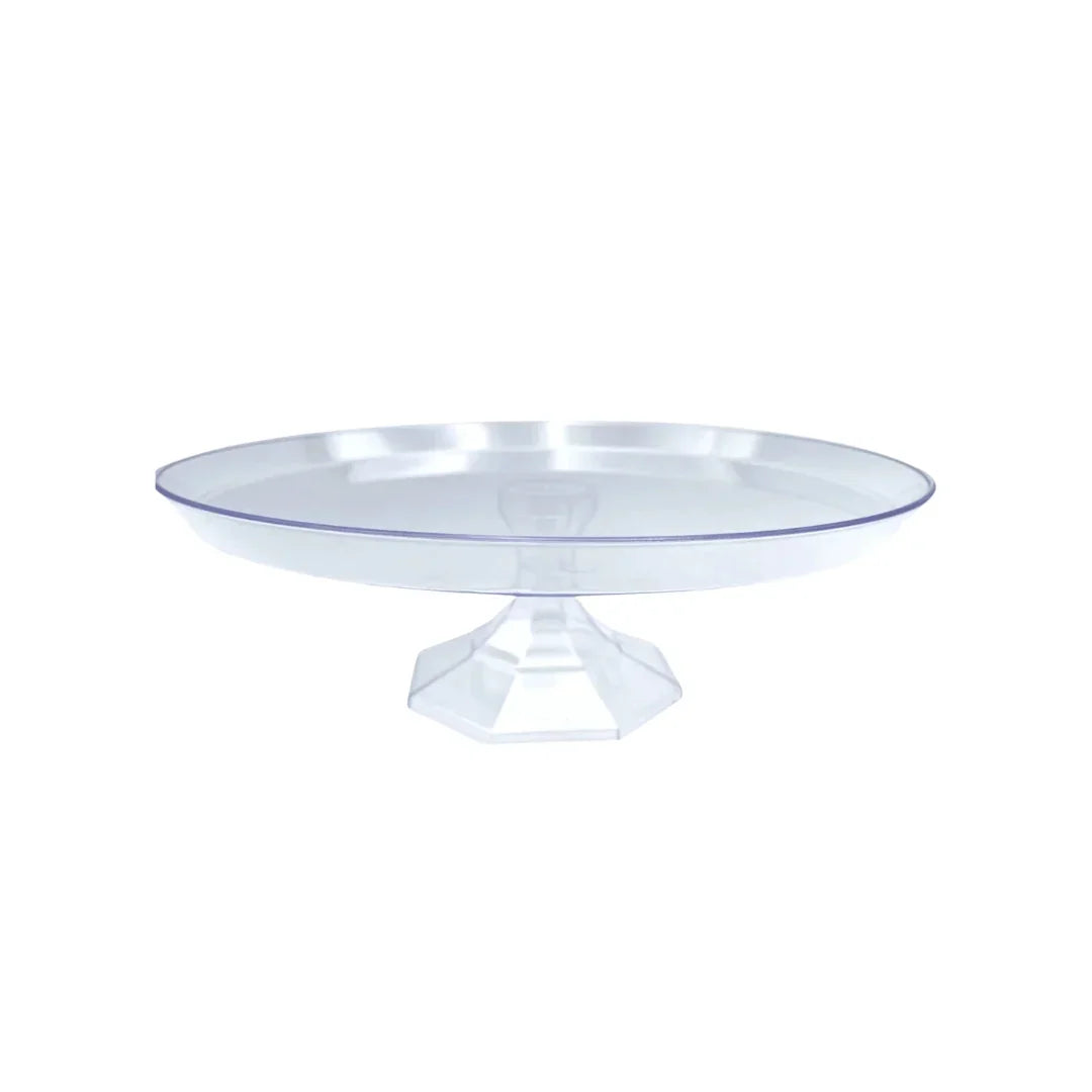 Clear plastic disposable cake stand on a white background