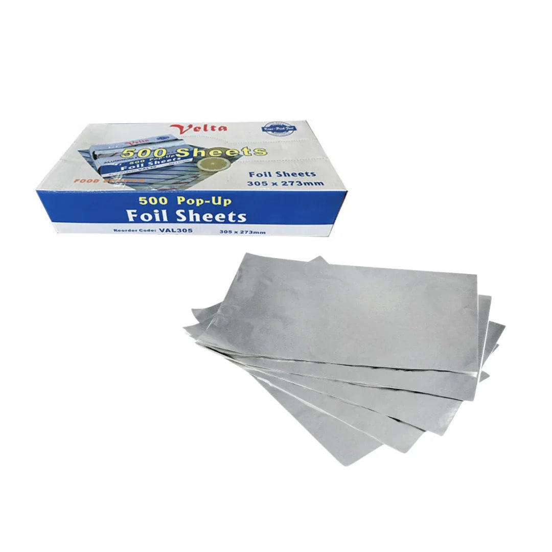 Box and loose sheets of Velta 500 Pop-Up Aluminium Foil Sheets, 305 x 273mm