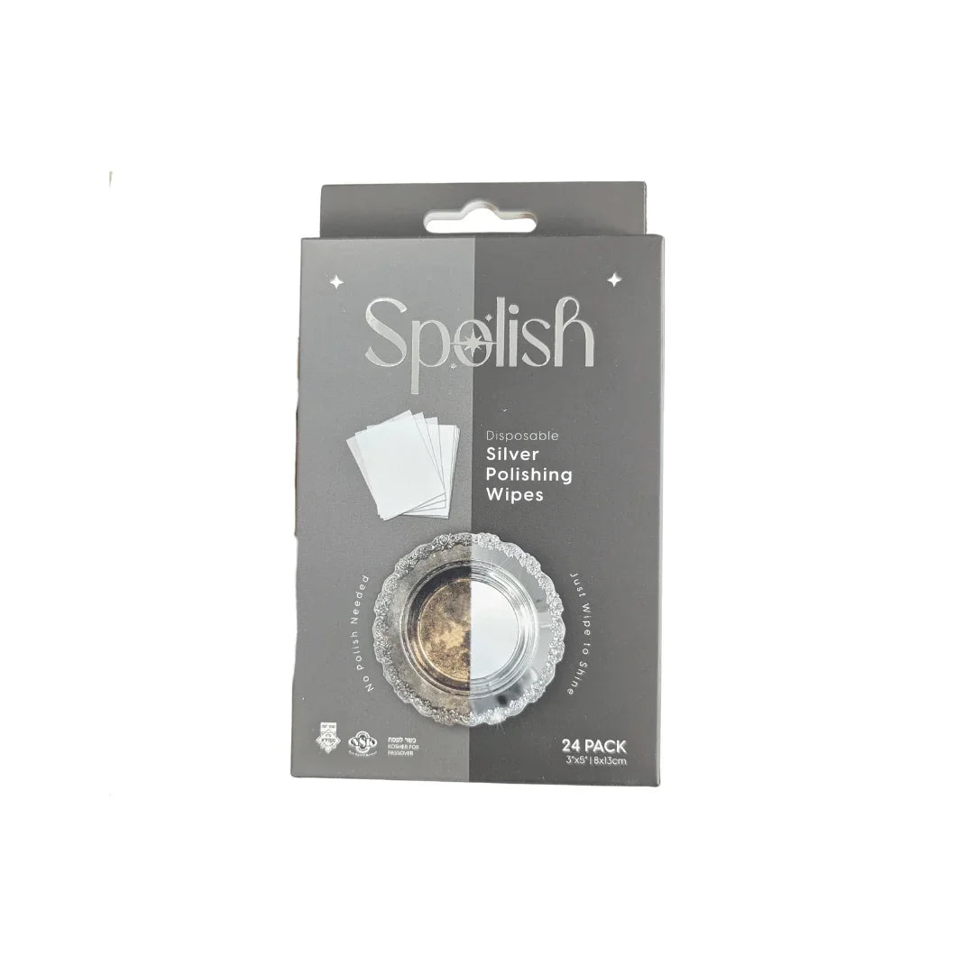 Pack of 24 Spelish disposable silver polishing wipes on grey packaging.