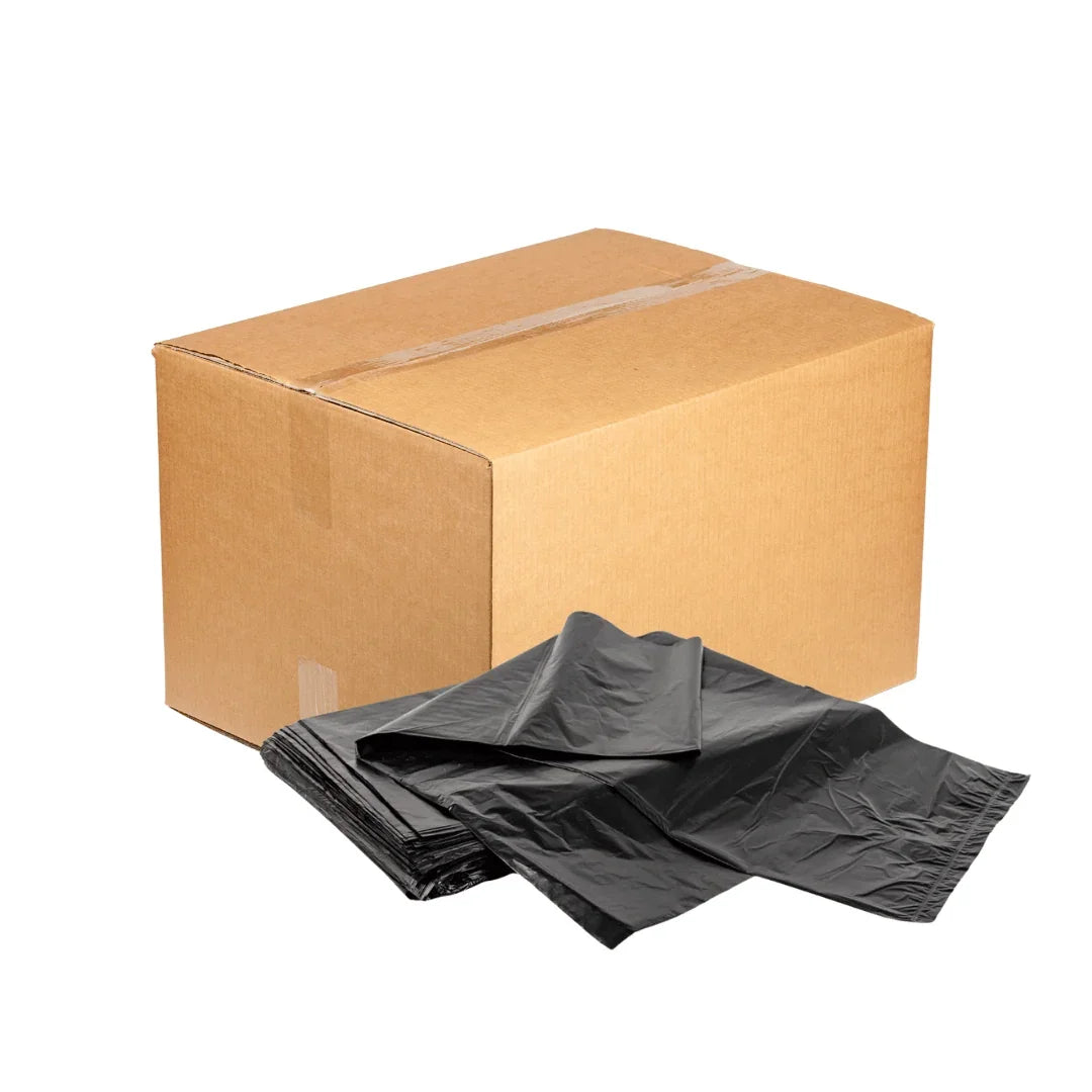 Large brown cardboard shipping box with black plastic garbage bags in front.