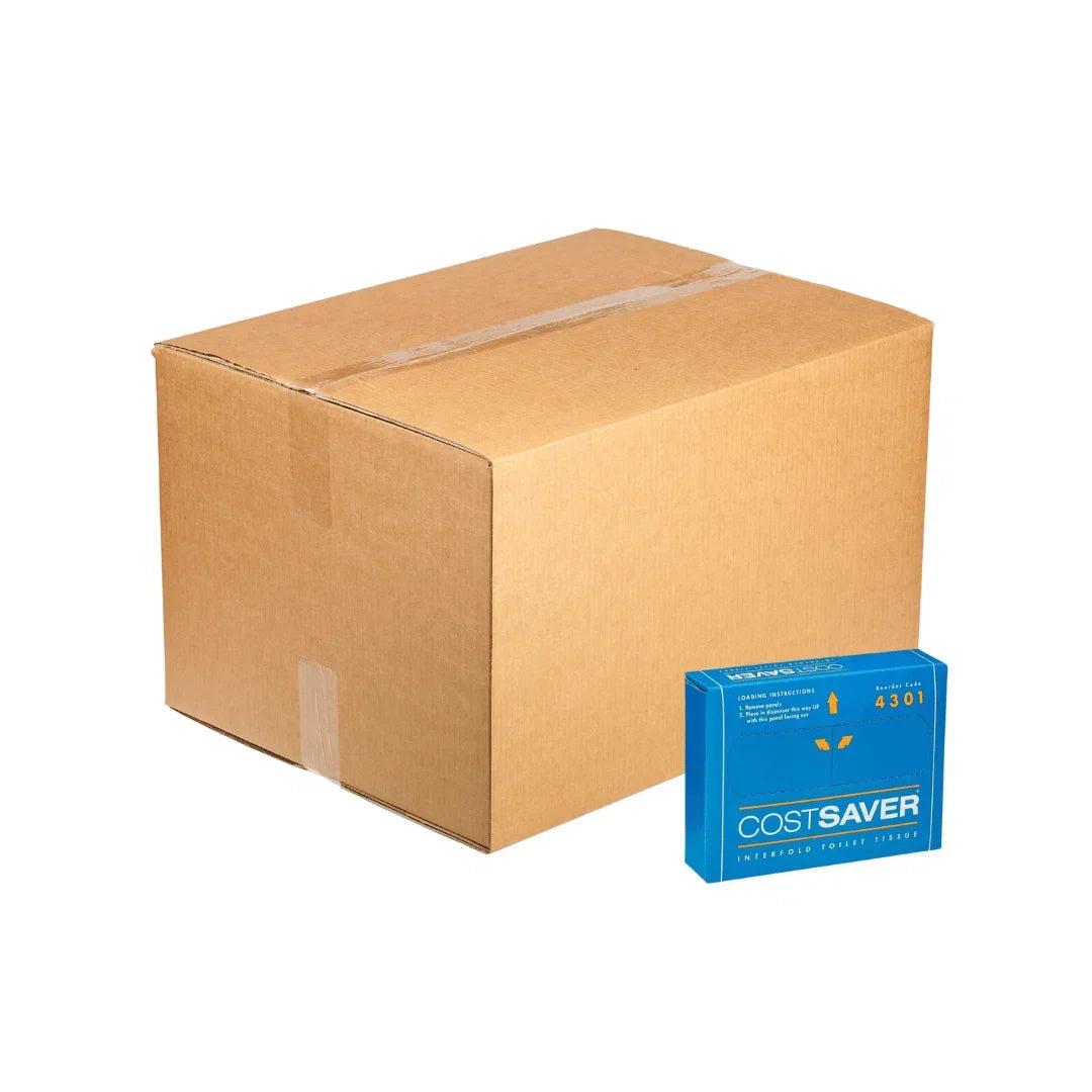 A large brown cardboard shipping box next to a blue CostSaver interfold toilet tissue pack.