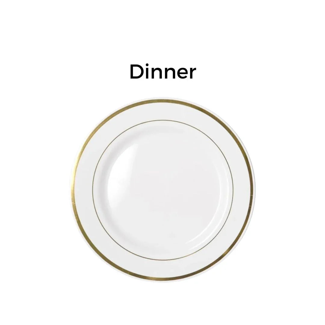 White dinner plate with elegant gold rim detailing