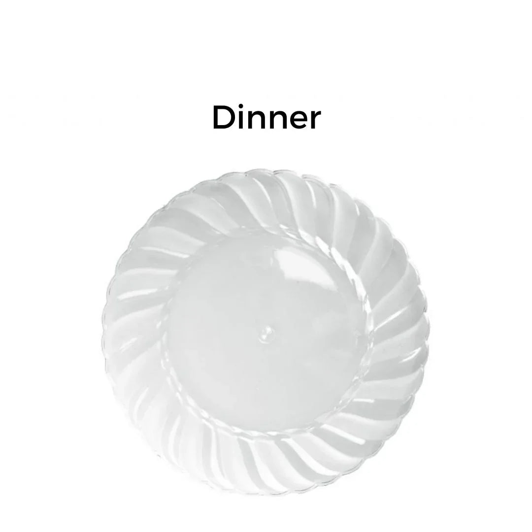 Clear plastic disposable dinner plate with a ribbed spiral design