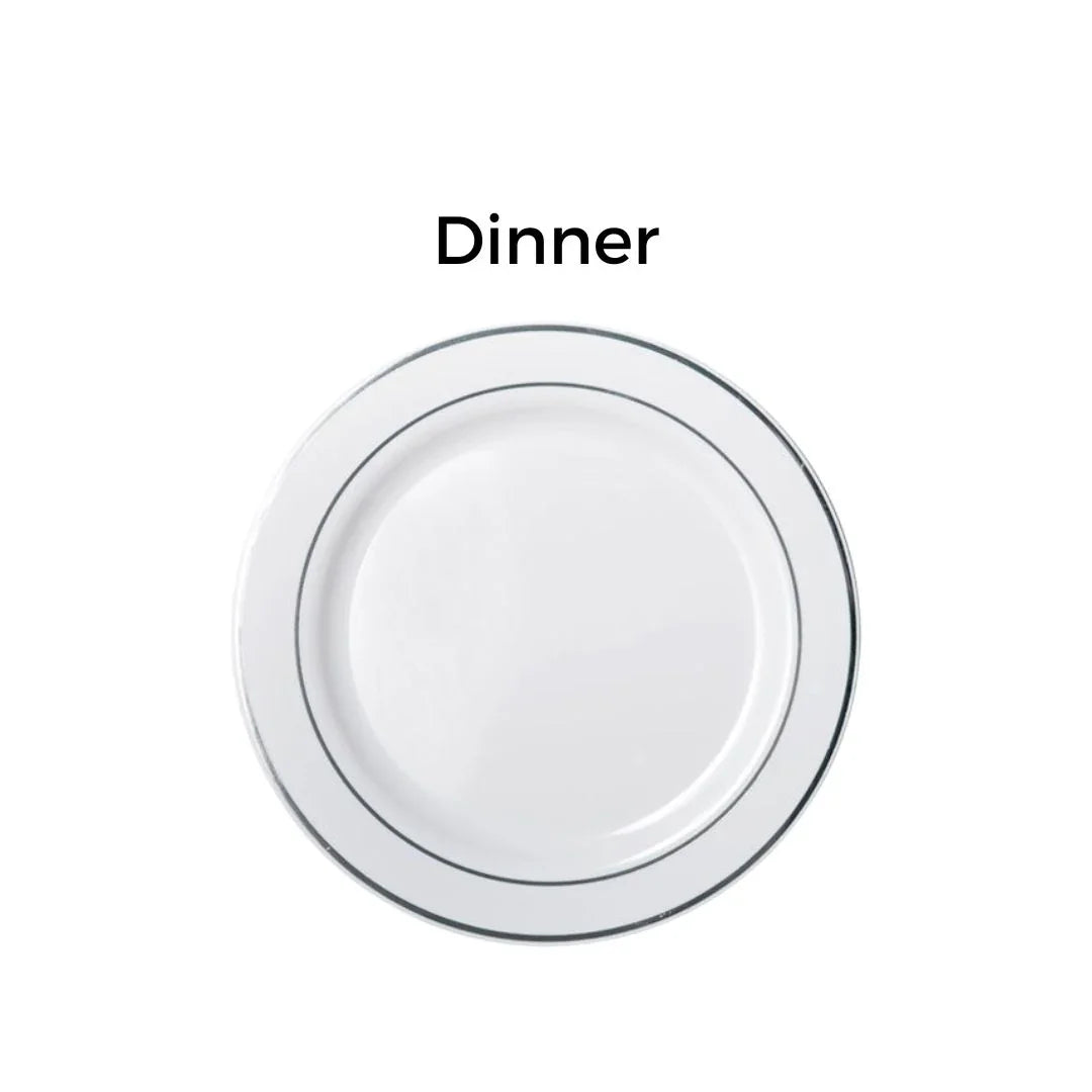 White dinner plate with a thin grey rim on a white background