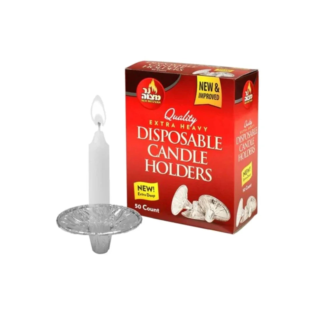 Box of 50 disposable extra heavy candle holders with a lit candle in one holder