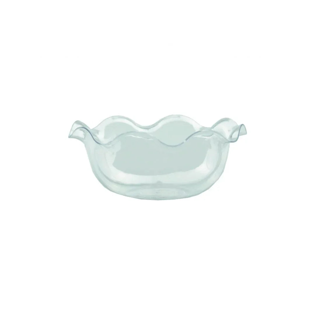 Clear plastic bowl with a ruffled rim for catering and parties