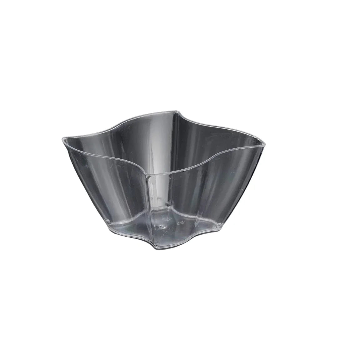 Clear plastic disposable serving bowl with wavy rim