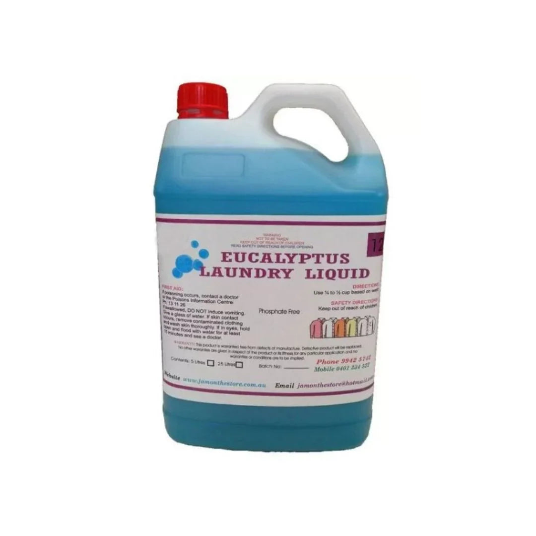 Large white plastic jug of Eucalyptus Laundry Liquid with a red cap