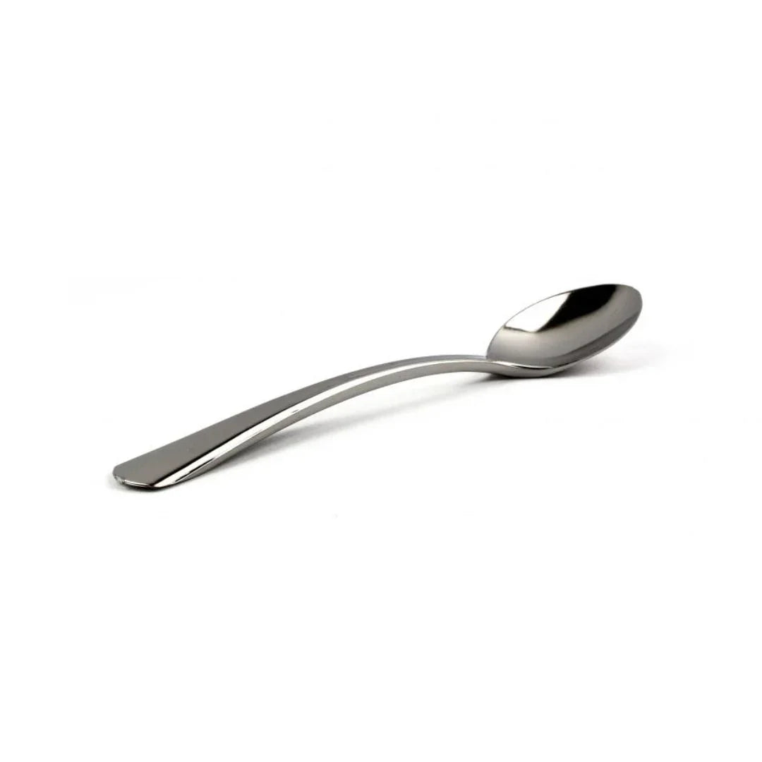 Polished stainless steel spoon with a curved handle on a white background