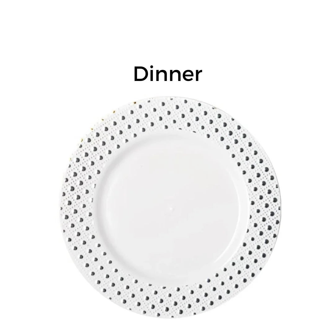White disposable dinner plate with a decorative black dotted border pattern