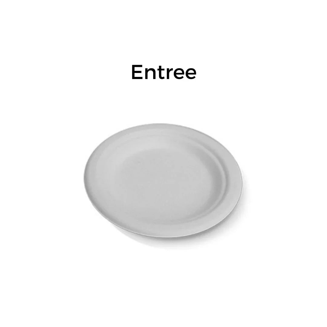 White disposable paper entree plate on a white background