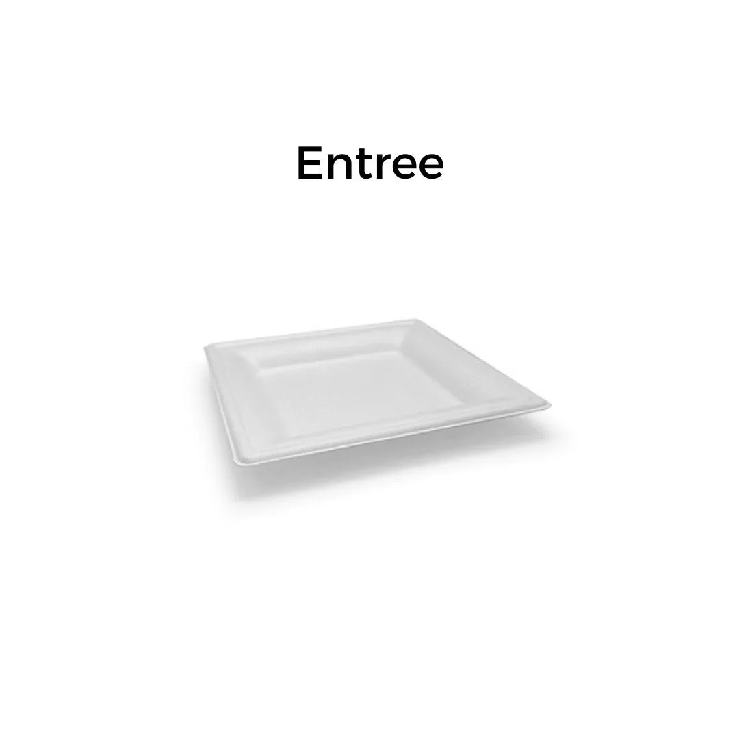 White square disposable entrée plate for catering and parties