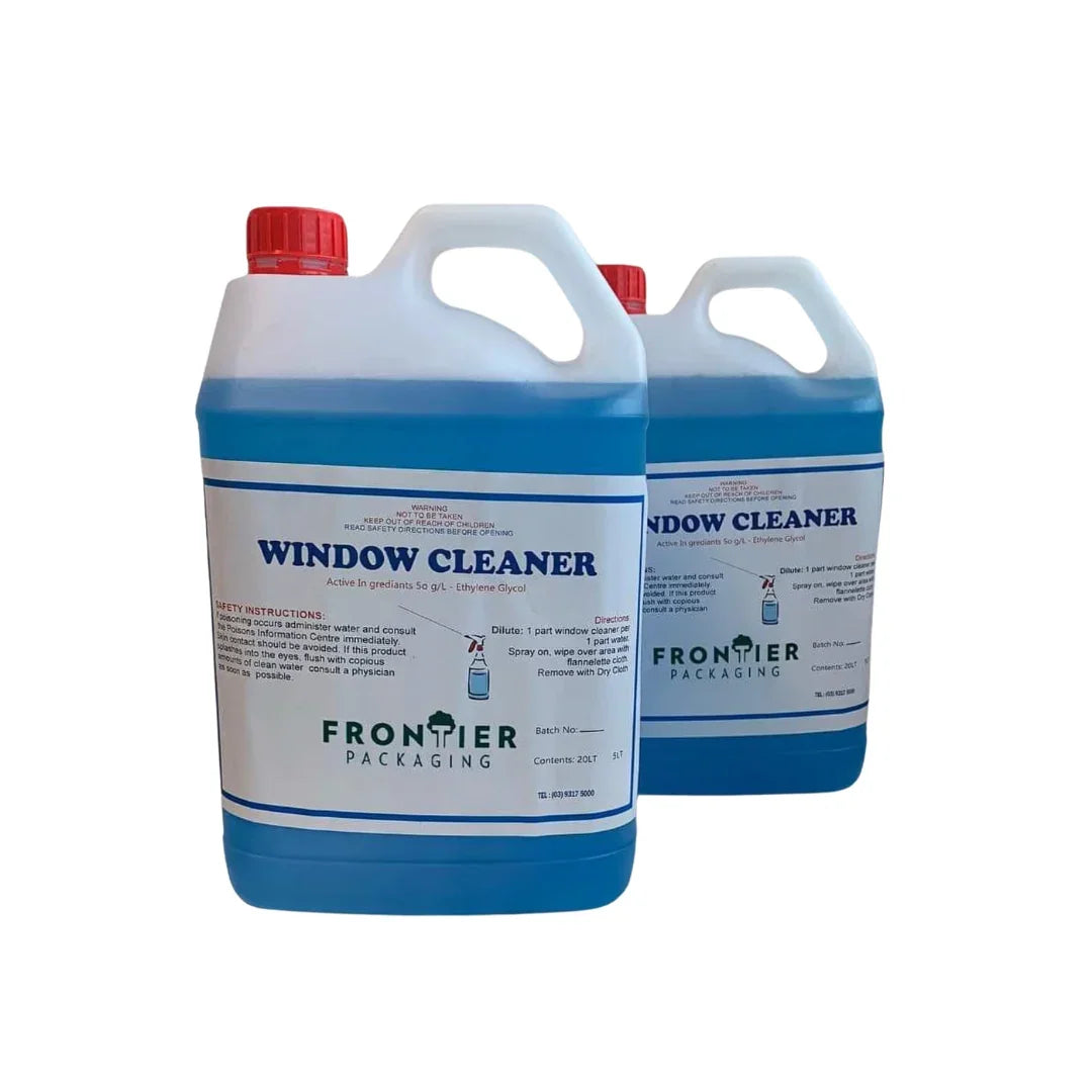 Two large 20L blue and white plastic jugs of Frontier Packaging window cleaner.
