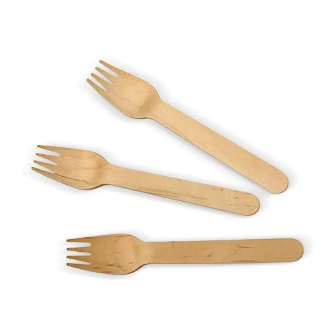Three disposable wooden forks arranged on a white background