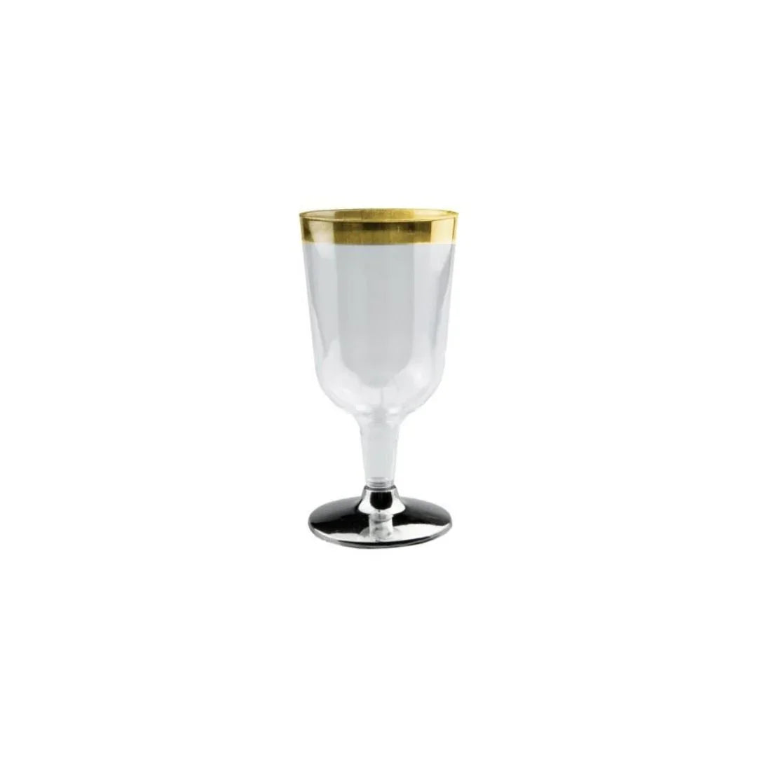 Clear plastic wine glass with a gold rimmed top