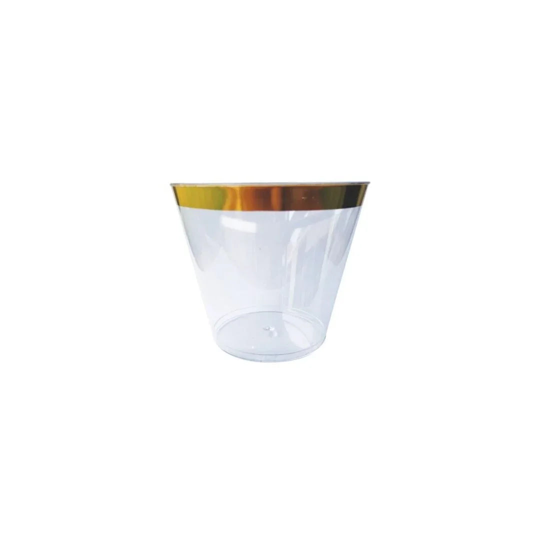 Clear plastic party cup with a gold rim