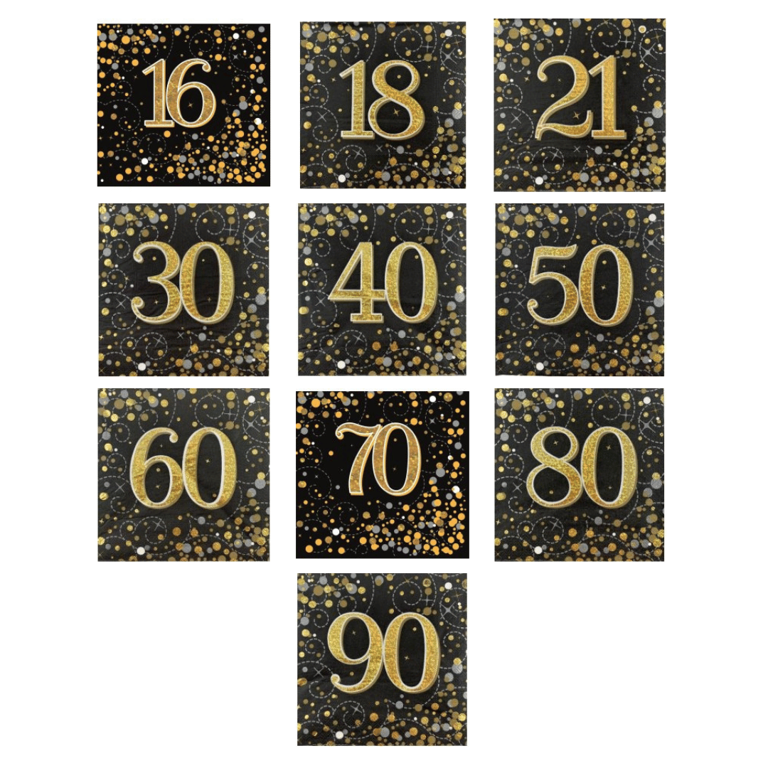 Birthday Age Napkins - Black/Gold - 16PK
