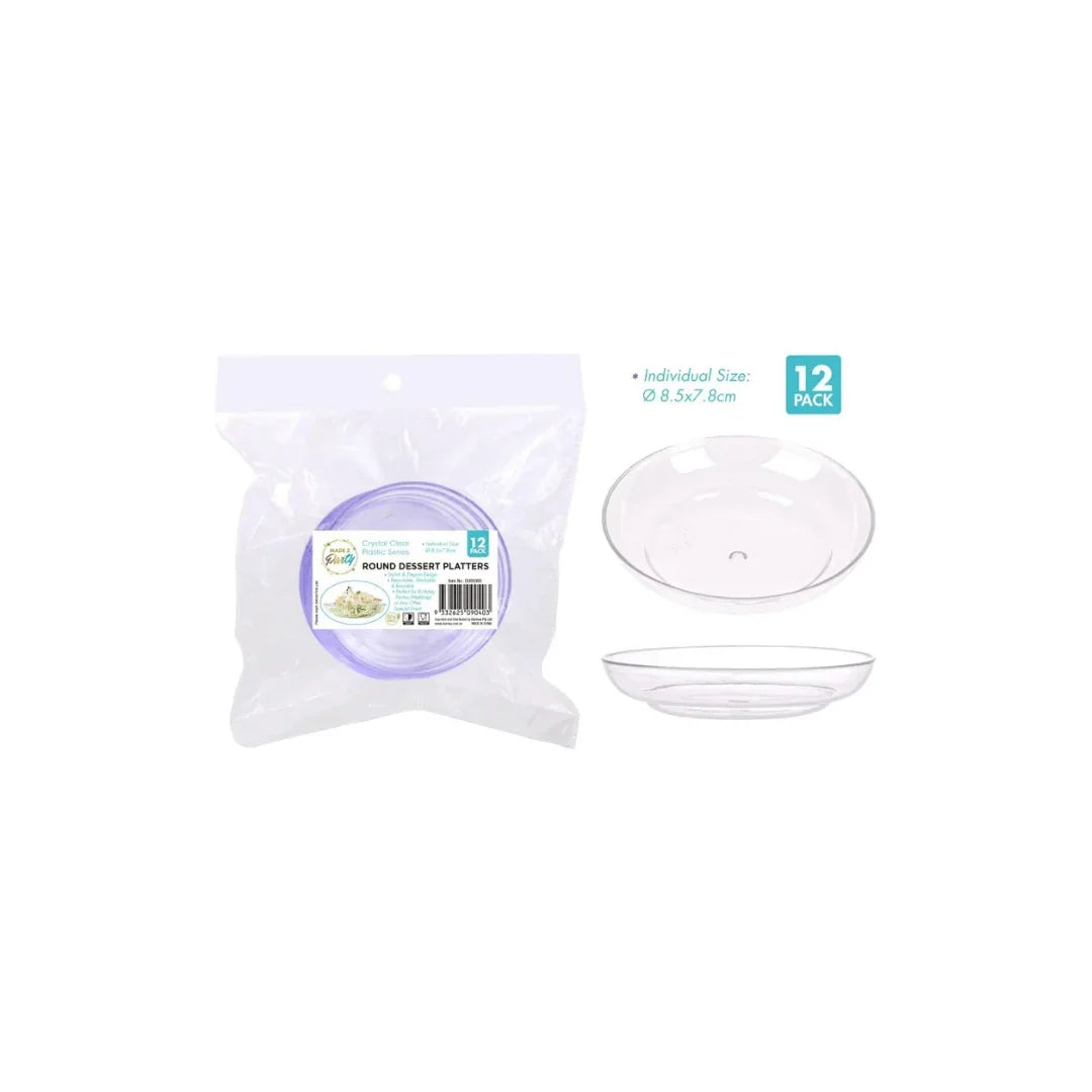 12 pack of clear plastic round dessert platters in packaging