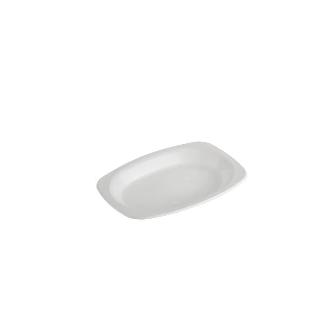 White disposable oval plastic platter for catering and parties