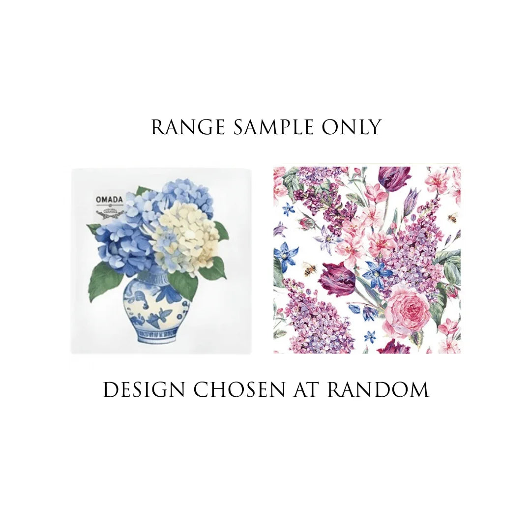 Floral design samples showing blue hydrangeas in a vase and a pink floral pattern.