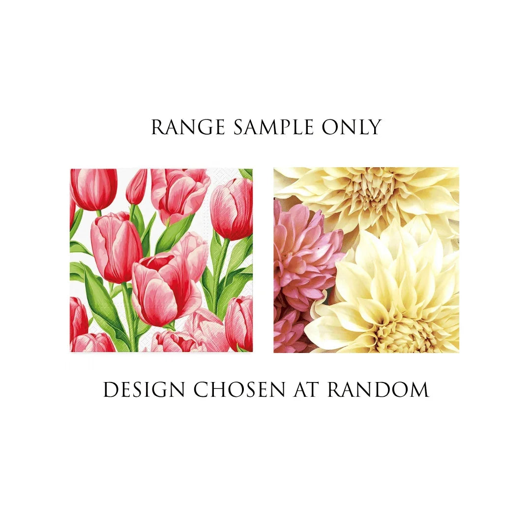 Floral patterned paper napkins featuring pink tulips and cream dahlias.