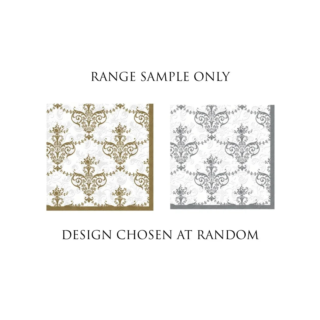 Two damask pattern samples in gold and silver for decorative paper products.