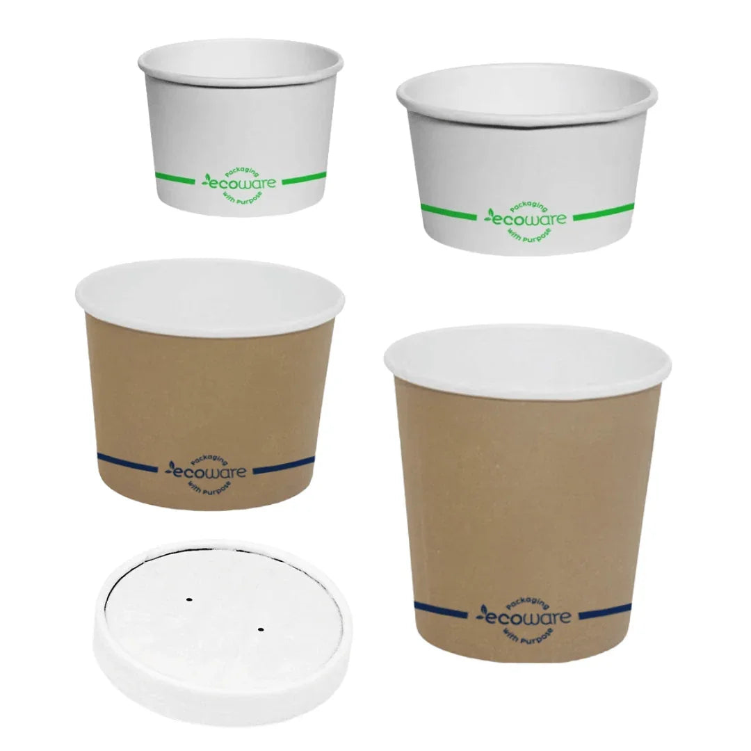 EcoWare disposable paper soup containers and lids in white and kraft brown colors