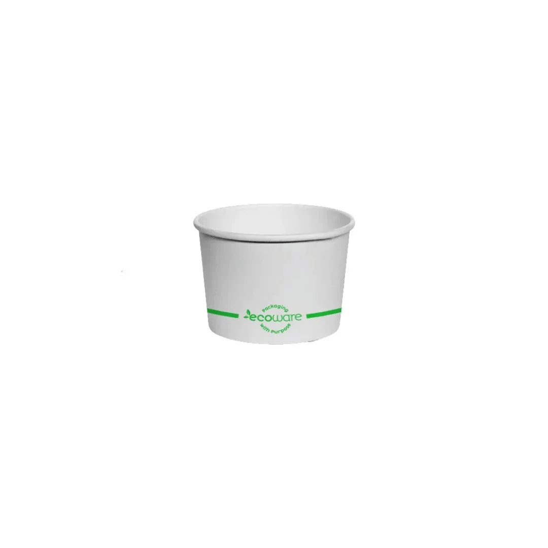White Ecoware disposable paper soup cup with green logo on a white background