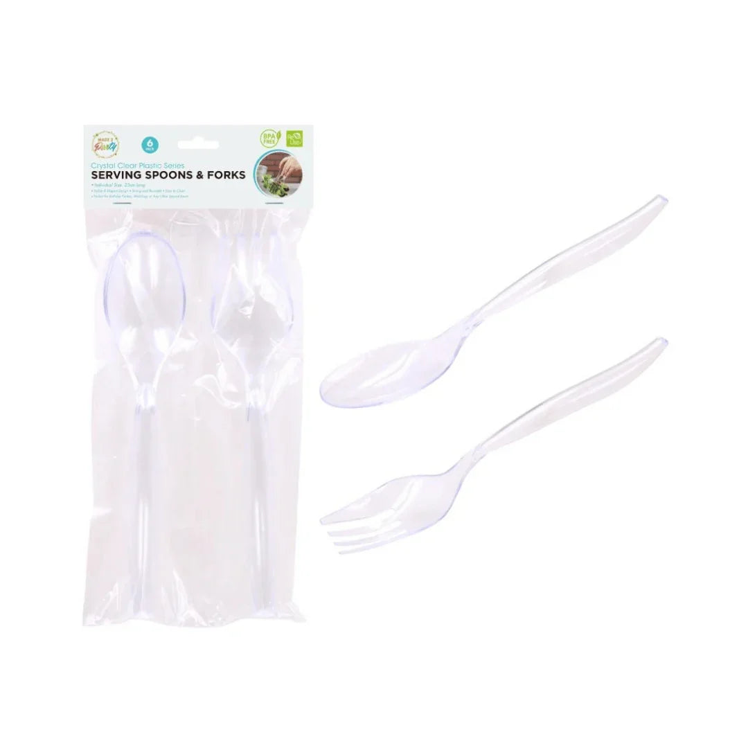 Crystal clear plastic disposable serving spoons and forks in packaging