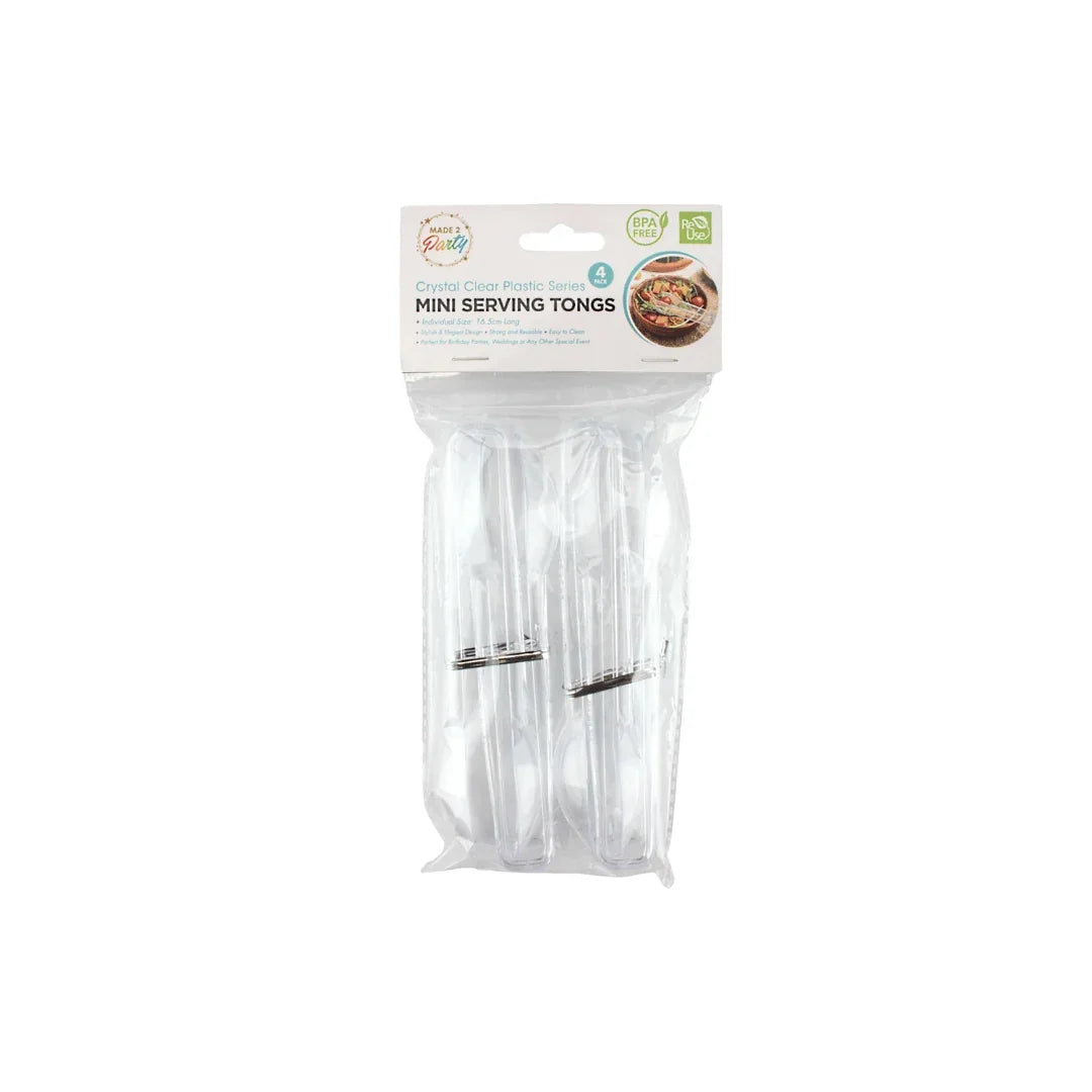 Pack of 4 crystal clear plastic mini serving tongs for catering and parties