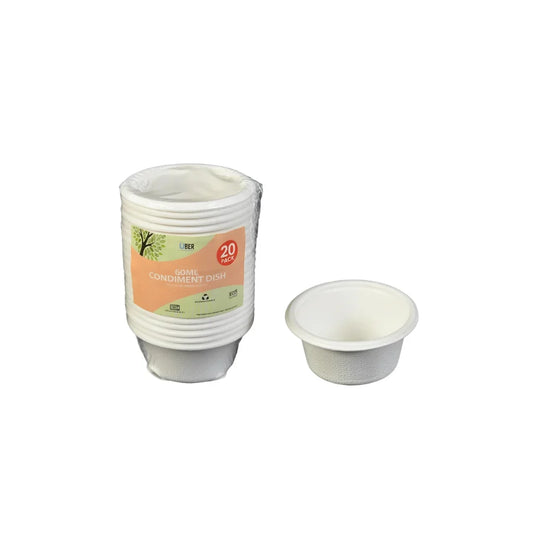 A pack of 20 biodegradable white condiment dishes with one single dish placed beside them.