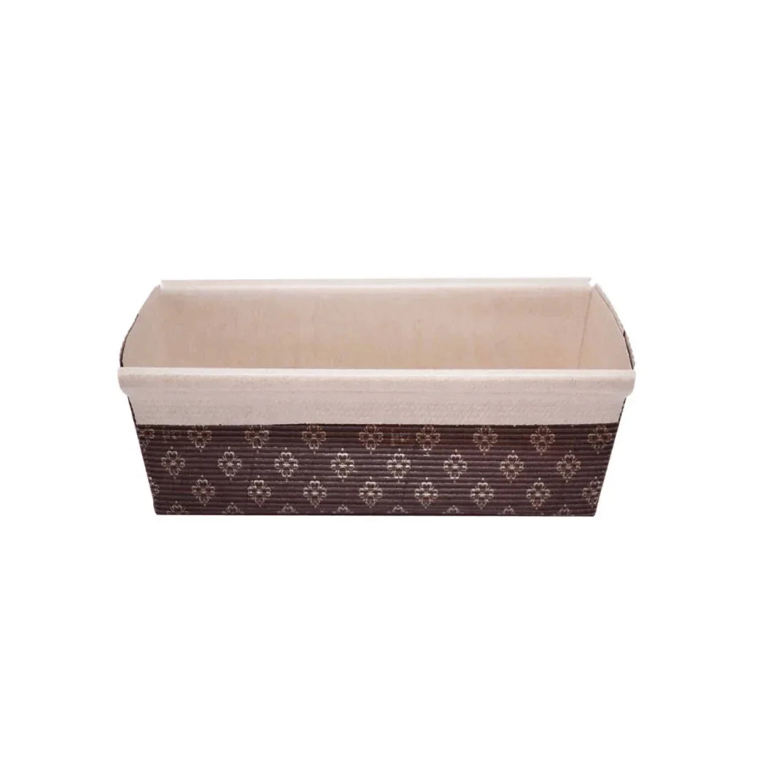 Rectangular brown patterned disposable catering tray with a white interior lining