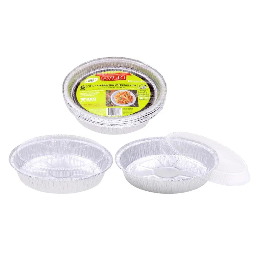Pack of disposable aluminum foil containers with clear plastic lids for catering